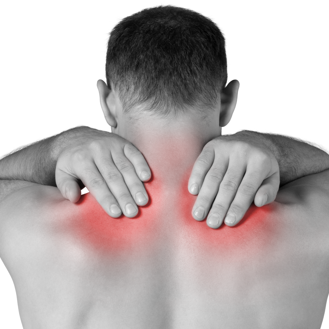 Man wincing while reaching for his shoulder blades that are highlighted