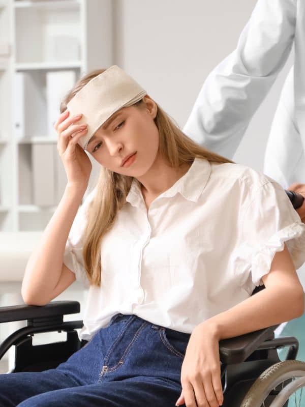 woman clutching her head with a bandage